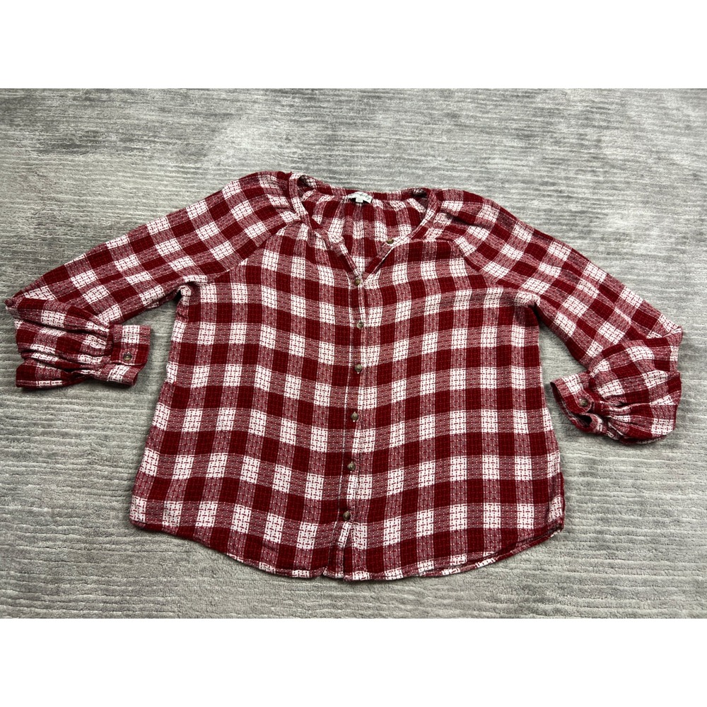 Wonderly Button Down Top Womens XL Red White Plaid Raglan Sleeve Textured Blouse